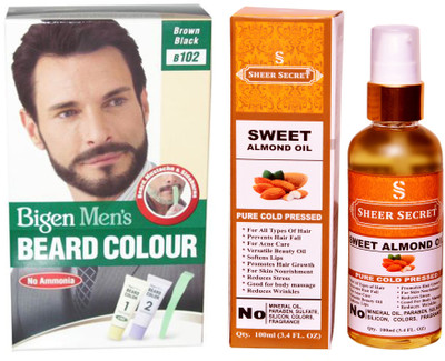 

SHEER SECRET SWEET ALMOND OIL 100 ML (PURE COLDPRESSED) and BEARD COLOUR BROWN BLACK NO. 102(Set of 2)