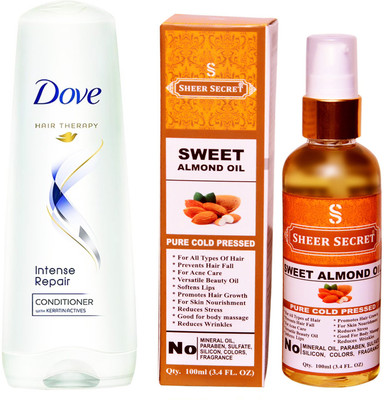 

SHEER SECRET SWEET ALMOND OIL 100ML (PURE COLD PRESSED) and DOVE 170 ML INTENSE REPAIR CONDITIONER(Set of 2)