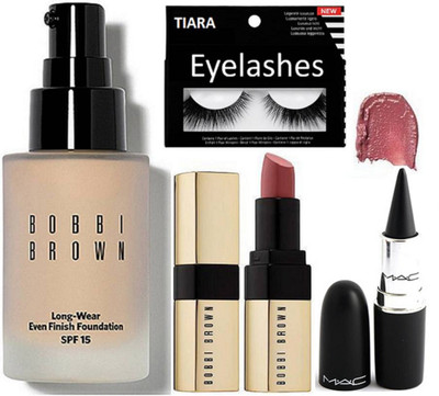 

tiara eyelashes , bobbi brown long wear even finish foundation with bobbi brown nude lipstick , Mac Stick kajal(Set of 4)