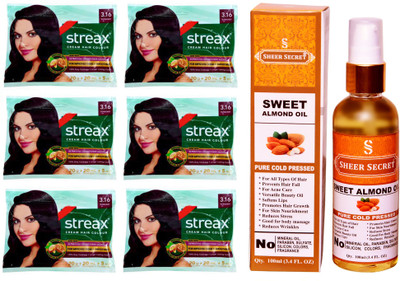 

SHEER SECRET SWEET ALMOND OIL 100 ML (PURE COLDPRESSED) and COLOUR 6 BURGUNDY SACHET NO. 3.16(Set of 7)