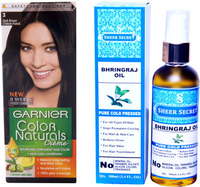 

SHEER SECRET BHRINGRAJ OIL 100 ML (PURE COLDPRESSED) and HAIR COLOUR BOX DARK BROWN NO. 3(Set of 2)