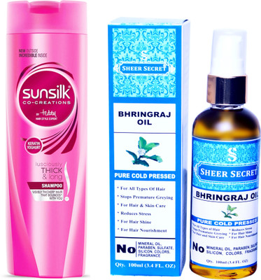 

SHEER SECRET BHRINGRAJ OIL 100ML (PURE COLD PRESSED) and SUNSILK 180 ML LUSCIOUSLY THICK AND LONG SHAMPOO(Set of 2)