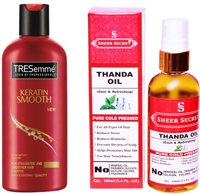 

SHEER SECRET THANDA OIL 100ML (PURE COLD PRESSED) and TRESEMME 190 ML KERATIN SMOOTH SHAMPOO(Set of 2)