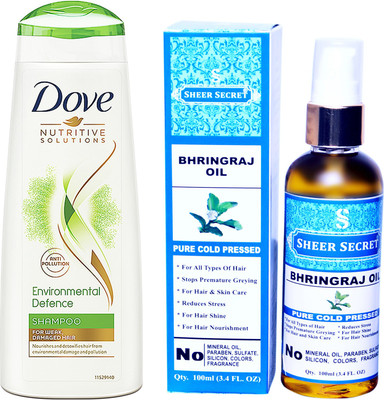 

SHEER SECRET BHRINGRAJ OIL 100ML (PURE COLD PRESSED) and DOVE 180 ML ENVIRONMENTAL DEFENCE SHAMPOO(Set of 2)