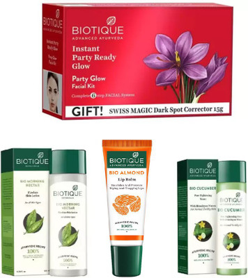 

BIOTIQUE BIO Morning Nectar Flawless Skin Moisturizer, Cucumber Pore Tightening Toner, PARTY GLOW FACIAL KIT, LIP BALM(Set of 4)