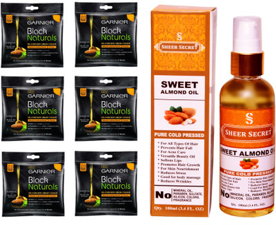 

SHEER SECRET SWEET ALMOND OIL 100 ML (PURE COLDPRESSED) and HAIR COLOUR 6 SACHET ORIGINAL BLACK NO. 2(Set of 2)