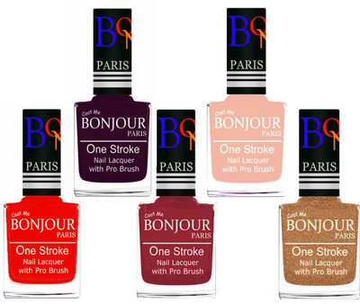 

Bonjour Paris Stylish Nail Polish Set of 5 Pcs 01-02-03-24-39 Orange-Plum-Maroon-Off Pink-Coper(Pack of 5)