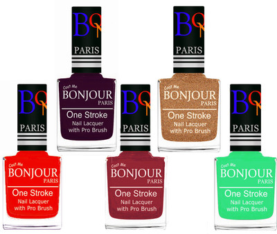 

Bonjour Paris Stylish Nail Polish Set of 5 Pcs 01-02-03-39-47 Orange-Plum-Maroon-Coper-Neon Green(Pack of 5)