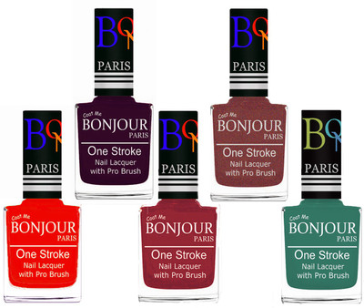 

Bonjour Paris Stylish Nail Polish Set of 5 Pcs 01-02-03-37-42 Orange-Plum-Maroon-Pink Coper-Sky Blue(Pack of 5)