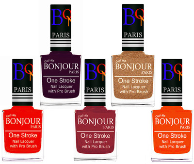 

Bonjour Paris Stylish Nail Polish Set of 5 Pcs 01-02-03-39-46 Orange-Plum-Maroon-Coper-Neon Orange(Pack of 5)