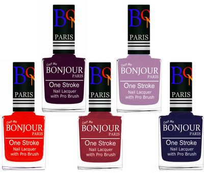 

Bonjour Paris Stylish Nail Polish Set of 5 Pcs 01-02-03-28-29 Orange-Plum-Maroon-Light Purple-Blue(Pack of 5)