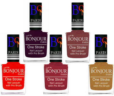 

Bonjour Paris Stylish Nail Polish Set of 5 Pcs 01-02-03-37-43 Orange-Plum-Maroon-Pink Coper-Golden Shimmer(Pack of 5)