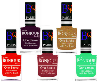 

Bonjour Paris Stylish Nail Polish Set of 5 Pcs 01-02-03-43-47 Orange-Plum-Maroon-Golden Shimmer-Neon Green(Pack of 5)