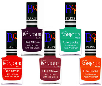 

Bonjour Paris Stylish Nail Polish Set of 5 Pcs 01-02-03-44-46 Orange-Plum-Maroon-Pink,Green-Neon Orange(Pack of 5)