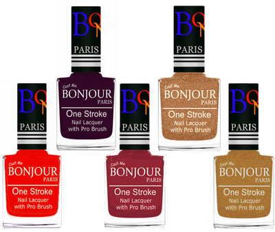 

Bonjour Paris Stylish Nail Polish Set of 5 Pcs 01-02-03-39-43 Orange-Plum-Maroon-Coper-Golden Shimmer(Pack of 5)