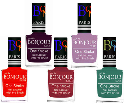 

Bonjour Paris Stylish Nail Polish Set of 5 Pcs 01-02-03-28-42 Orange-Plum-Maroon-Light Purple-Sky Blue(Pack of 5)