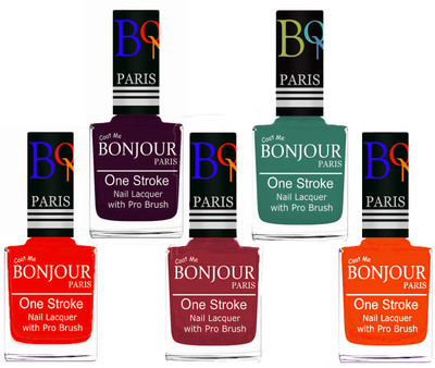 

Bonjour Paris Stylish Nail Polish Set of 5 Pcs 01-02-03-42-46 Orange-Plum-Maroon-Sky Blue-Neon Orange(Pack of 5)
