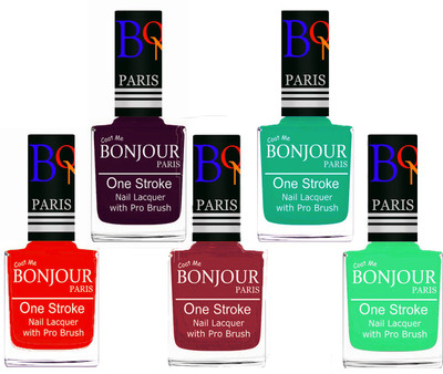 

Bonjour Paris Stylish Nail Polish Set of 5 Pcs 01-02-03-44-47 Orange-Plum-Maroon-Pink,Green-Neon Green(Pack of 5)