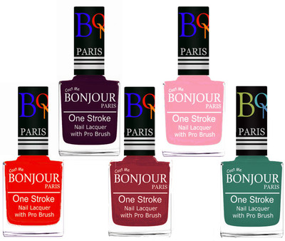 

Bonjour Paris Stylish Nail Polish Set of 5 Pcs 01-02-03-30-42 Orange-Plum-Maroon-Baby Pink-Sky Blue(Pack of 5)