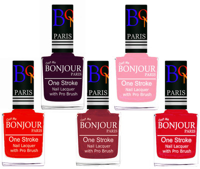 

Bonjour Paris Stylish Nail Polish Set of 5 Pcs 01-02-03-30-45 Orange-Plum-Maroon-Baby Pink-Royal Pink(Pack of 5)