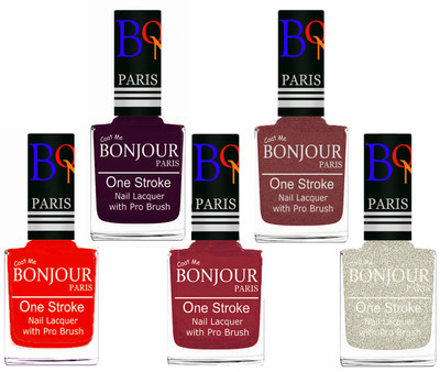 

Bonjour Paris Stylish Nail Polish Set of 5 Pcs 01-02-03-37-38 Orange-Plum-Maroon-Pink Coper-Glitter White(Pack of 5)