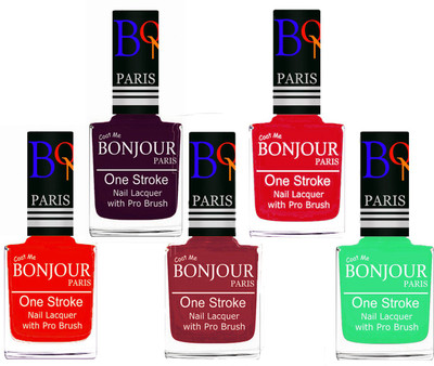 

Bonjour Paris Stylish Nail Polish Set of 5 Pcs 01-02-03-45-47 Orange-Plum-Maroon-Royal Pink-Neon Green(Pack of 5)