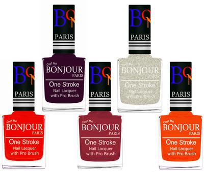 

Bonjour Paris Stylish Nail Polish Set of 5 Pcs 01-02-03-38-46 Orange-Plum-Maroon-Glitter White-Neon Orange(Pack of 5)