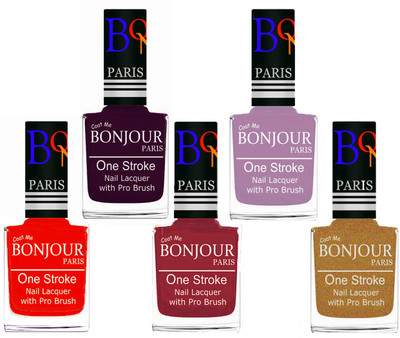 

Bonjour Paris Stylish Nail Polish Set of 5 Pcs 01-02-03-28-43 Orange-Plum-Maroon-Light Purple-Golden Shimmer(Pack of 5)