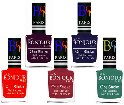 

Bonjour Paris Stylish Nail Polish Set of 5 Pcs 01-02-03-29-42 Orange-Plum-Maroon-Blue-Sky Blue(Pack of 5)