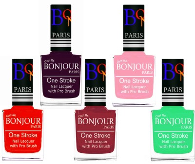 

Bonjour Paris Stylish Nail Polish Set of 5 Pcs 01-02-03-30-47 Orange-Plum-Maroon-Baby Pink-Neon Green(Pack of 5)