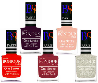 

Bonjour Paris Stylish Nail Polish Set of 5 Pcs 01-02-03-24-38 Orange-Plum-Maroon-Off Pink-Glitter White(Pack of 5)