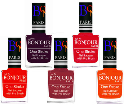 

Bonjour Paris Stylish Nail Polish Set of 5 Pcs 01-02-03-45-46 Orange-Plum-Maroon-Royal Pink-Neon Orange(Pack of 5)