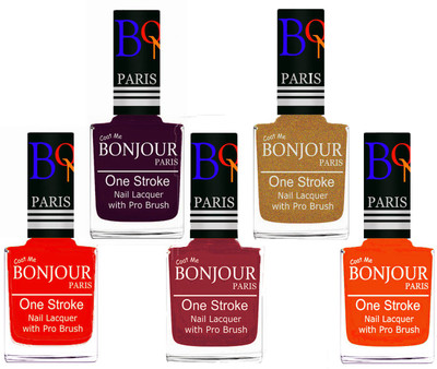 Bonjour Paris Stylish Nail Polish Set of 5 Pcs 01-02-03-43-46 Orange-Plum-Maroon-Golden Shimmer-Neon Orange(Pack of 5)