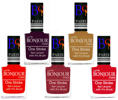 

Bonjour Paris Stylish Nail Polish Set of 5 Pcs 01-02-03-43-45 Orange-Plum-Maroon-Golden Shimmer-Royal Pink(Pack of 5)