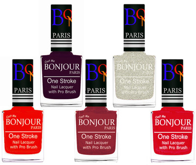 

Bonjour Paris Stylish Nail Polish Set of 5 Pcs 01-02-03-38-45 Orange-Plum-Maroon-Glitter White-Royal Pink(Pack of 5)
