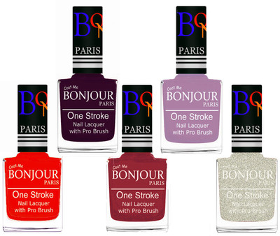 

Bonjour Paris Stylish Nail Polish Set of 5 Pcs 01-02-03-28-38 Orange-Plum-Maroon-Light Purple-Glitter White(Pack of 5)
