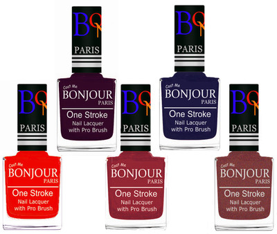 

Bonjour Paris Stylish Nail Polish Set of 5 Pcs 01-02-03-29-37 Orange-Plum-Maroon-Blue-Pink Coper(Pack of 5)