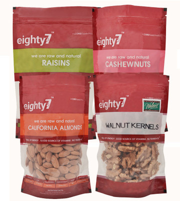 

Eighty7 California Almonds(250g), California Walnuts(180g), Raisins(250g) and Cashews(250g)(930 g, Pouch)