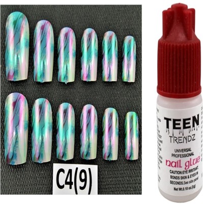 

Ear Lobe & Accessories Round Tip Full Cover Glossy Nails With Glue 12 Pcs C4(9) Multicolour(Pack of 12)