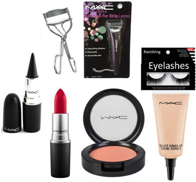 

ravishing Eyelashes, MAC select coverup concealer & lipstick & stick kajal & pink blusher & fix set glue & eyelashes curler(Set of 7)