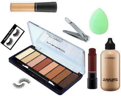 

POWER POINT eyelashes 2, mac face and body foundation , nail cuter , sponge puff, Mac Long Lasting Lipstick Caver 3 gm, mineralize concealer, Mac Transparent 8 Shade Palette(Set of 8)