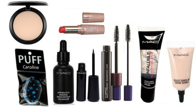 

caroline Silicon Puff With Compact & Hyper Real Foundation,Liquid Eyeliner And Mascara, Lakme 9to5 Crease less Lipstick, Select cover-up Concealer, Infallible Mattifying Base Primer(Set of 8)