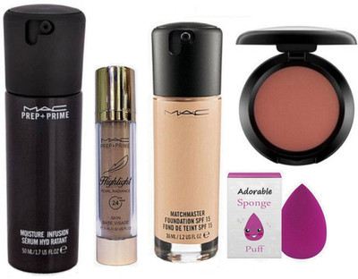 

Adorable Sponge puff, Mac Matchmaster Foundation,mac skin base visage highlight, Prep+prime Moisture Infusion Serum, Blusher (Set of 5)(Set of 5)