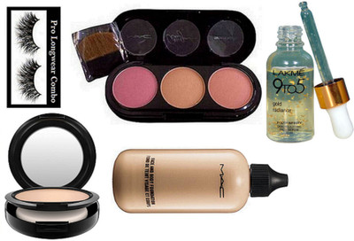 

pro longwear combo Eyelashes, Mac 3 Shades Blusher,Face And Body Foundation, Compact, 9to5 Face Serum(Set of 5)