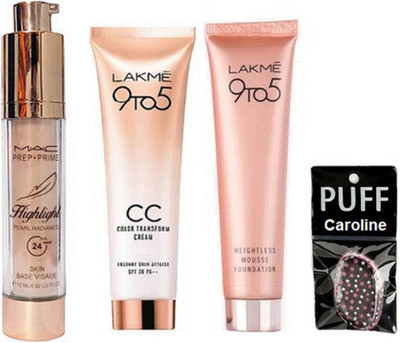 

caroline Silicone puff and lakme 9 to 5 weightless mousse foundation with cc color transform cream &Mac Pearl Radiance Highlight(Set of 4)