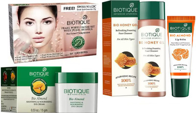 

BIOTIQUE BIO Pearl White Facial Kit, Bio Almond Soothing & Nourishing Eye Cream, Bio Honey Gel Refreshing Foaming Face Cleanser For All Skin Types , LIP CARE(Set of 4)