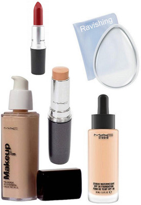 

ravishing silicone puff, MAC MAKEUP & Studio water weight foundation & Stick concealer & lipstick(Set of 5)