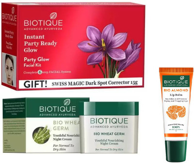 

BIOTIQUE BIO PARTY GLOW FACIAL KIT, WHEAT GERM YOUTHFUL NOURISHING NIGHT CREAM , LIP CARE(Set of 3)