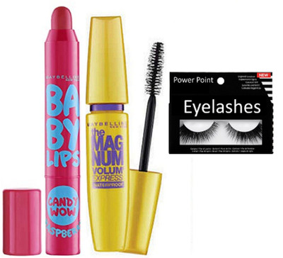 

powerpoint Eyelashes & Baby Lips Candy Wow Raspberry Lip balm & Maybellien Magmum Mascara(Set of 3)