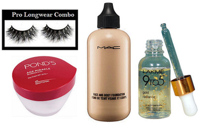 

pro longwear combo Eyelashes, Mac Face And Body Foundation, Ponds Age Miracle Wrinkle Corrector Cream, 9to5 Face Serum(Set of 4)